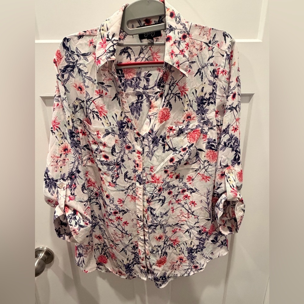BY BY Floral Blouse Size L Roll Tab Sleeve Button Front Top